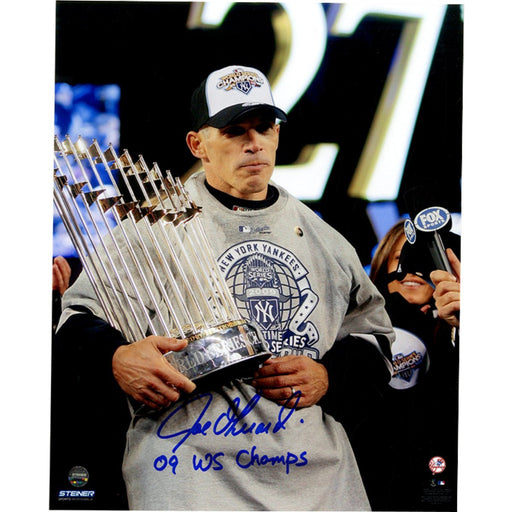 Joe Girardi Signed 2009 World Series Trophy 8x10 Photo w/ "09 WS Champs" Insc