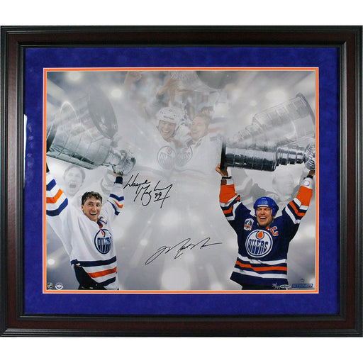 Wayne Gretzky/Mark Messier Dual Signed and Framed Stanley Cup 16x24 Photo LE/99 (UDA) (Thick Cherry frame w/ blue over orange matte)