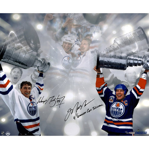 Wayne Gretzky/Mark Messier Dual Signed Edmonton Oilers Stanley Cup 16x24 Photo w/ 4 Stanley Cups Together Insc By Messier UDA/SSM AP LE/11UDA LE/99