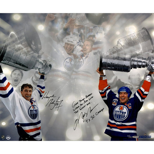 Wayne Gretzky/Mark Messier Dual Signed Edmonton Oilers Stanley Cup 16x24 Photo w/ Great Things Happen When You Play with the Great One 4x SC Champ Insc By Messier UDA/SSMAP LE/11 UDA LE/99