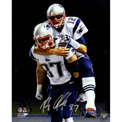 Rob Gronkowski Signed "Carrying Tom Brady" with Black Background 16x20 Photo (Signed in Silver)