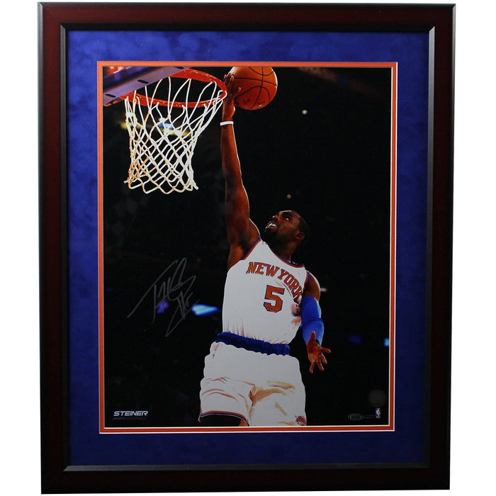 Tim Hardaway Jr Signed One Handed Lay Up 16x20 Photo Framed- Round Cherry Frame w/ Blue over Orange matte