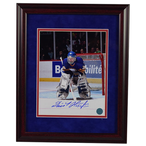 Dominik Hasek Buffalo Sabres Signed and Framed Dominator Goalie 8x10 Photo (AJ Sports Auth)-  Thick red cherry frame w/ Blue over red matte