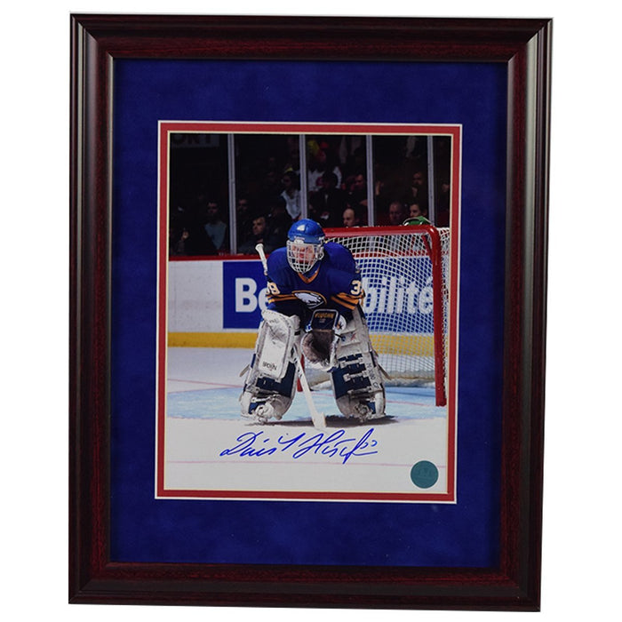 Dominik Hasek Buffalo Sabres Signed and Framed Dominator Goalie 8x10 Photo (AJ Sports Auth)-  Thick red cherry frame w/ Blue over red matte