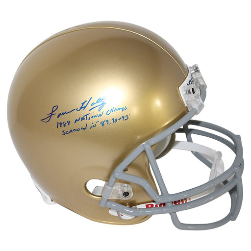 Lou Holtz Signed Notre Dame Replica Helmet w/ "1988 National Champs , Screwed in 89,90,93"Insc.