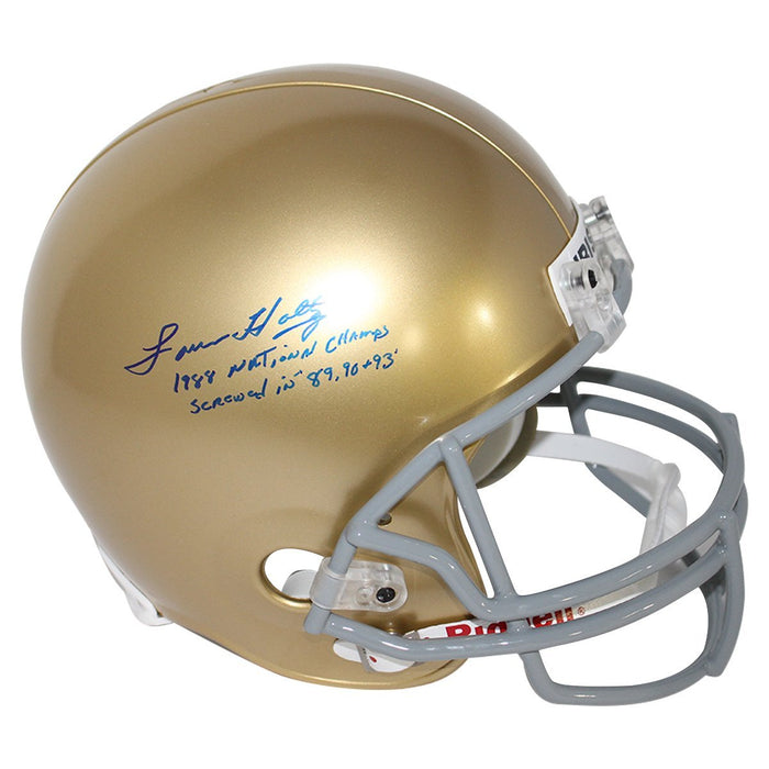 Lou Holtz Signed Notre Dame Replica Helmet w/ "1988 National Champs , Screwed in 89,90,93"Insc.