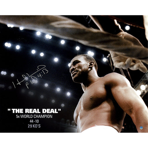 Evander Holyfield Signed Glaring in the Ring 16x20 Photo w/ "'The Real Deal'  5x World Champion  44-10  29 KO's" Printed Stats