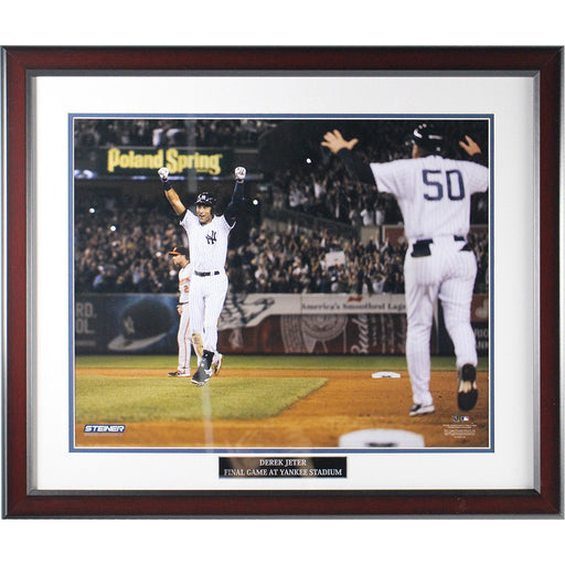 Derek Jeter Framed Celebration after Final Game 16x20 Photo  W/ Nameplate (Round Cherry Frame w/ White over Blue Matte)