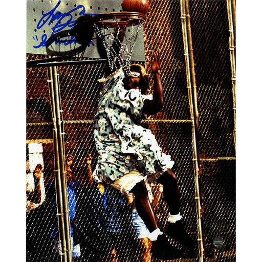 Larry Johnson Signed "Grandmama" Dunk 8x10 Photo w/"Grandmama"Insc. (Signed In Blue)