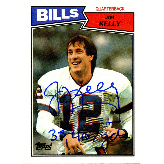 Jim Kelly Signed 1987 Topps Rookie Card w/ "35 467 Yds"Insc.