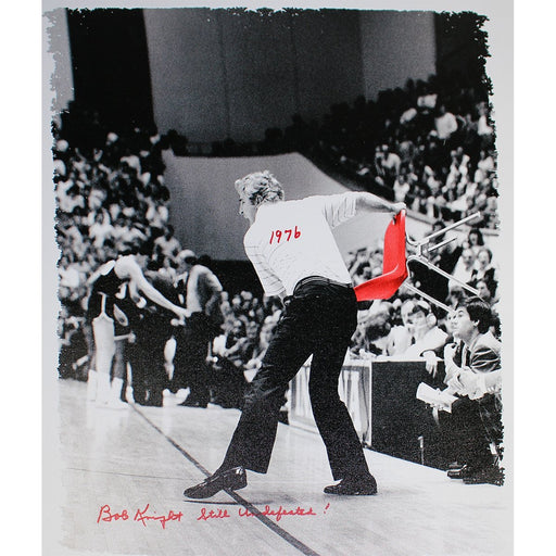 Bob Knight Throwing Chair B&W w/ Red Chair 22x26 Canvas w/ "1976  Still Undefeated" Insc