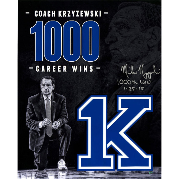 Mike Krzyzewski Signed 1000 Career Wins Tribute 16x20 Photo w/ 1000th Win Insc