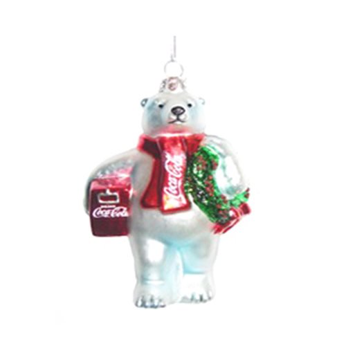 Coca-Cola Bear w/ Wreath & Cooler 4 1/2-Inch Glass Ornament 