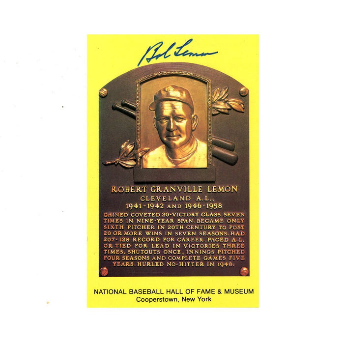 Bob Lemon Signed HOF Plaque Postcard JSA