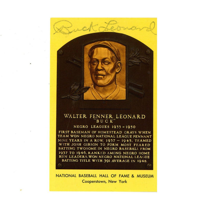 Buck Leonard Signed Hall of Fame Plaque Postcard JSA