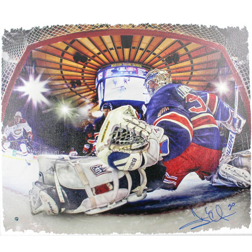 Henrik Lundqvist Signed New York Rangers In Goal Heritage 22x26 Canvas (Signed in Blue)