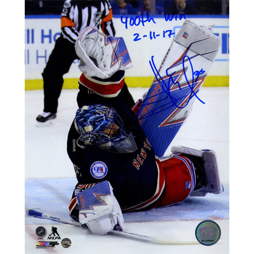 Henrik Lundqvist Signed '400th Win Stacking The Pads' 8x10 Photo w/ "400th Win 2-11-17" Insc.