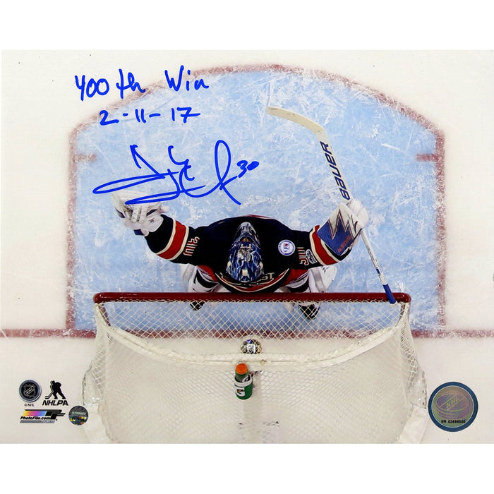 Henrik Lundqvist Signed '400th Win Overhead Shot' 8x10 Photo w/ "400th Win 2-11-17" Insc.