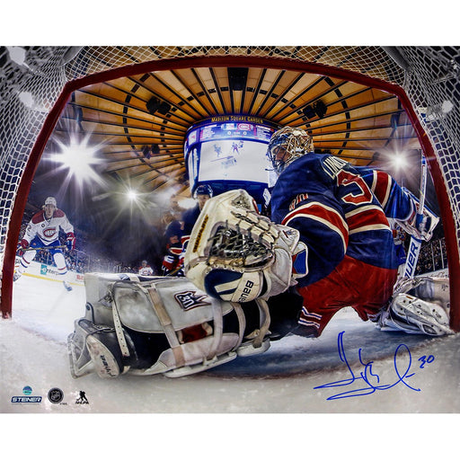 Henrik Lundqvist Signed Glove Save In Net View 16x20 Photo (Signed in Blue)