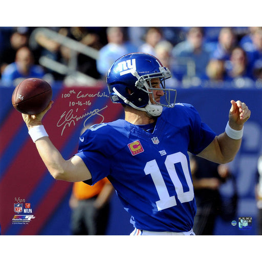 Eli Manning Signed Throwing A Pass 16x20 Photo w/ "100th Win 10/16/16" Insc. (LE/100)