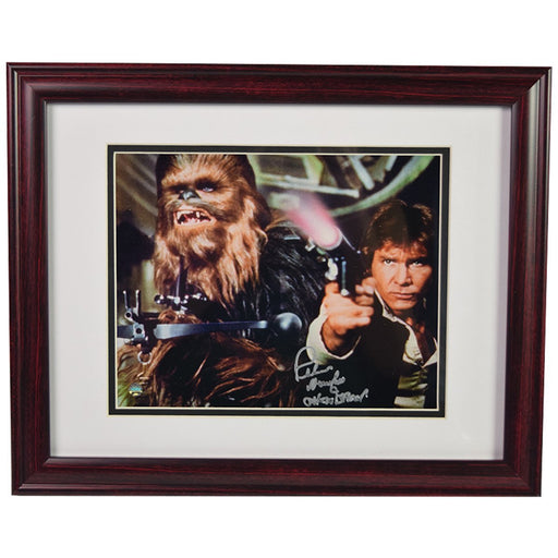 Peter Mayhew Signed and Framed 'Chewbacca and Han Solo Defending the Millennium Falcon Episode IV: A New Hope' 8x10 Photo- Thick  Dark Cherry Frame w/ White over Black matte