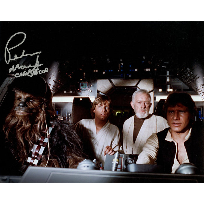 Peter Mayhew Signed 'Chewbacca  Luke Skywalker  Obi Wan Kenobi and Han Solo Millennium Falcon 8x10 Photo