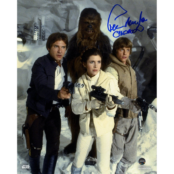 Peter Mayhew Signed Han Solo  Chewbacca  Princess Leia Organa and Luke Skywalker in Star Wars: The Empire Strikes Back 8x10 Photo