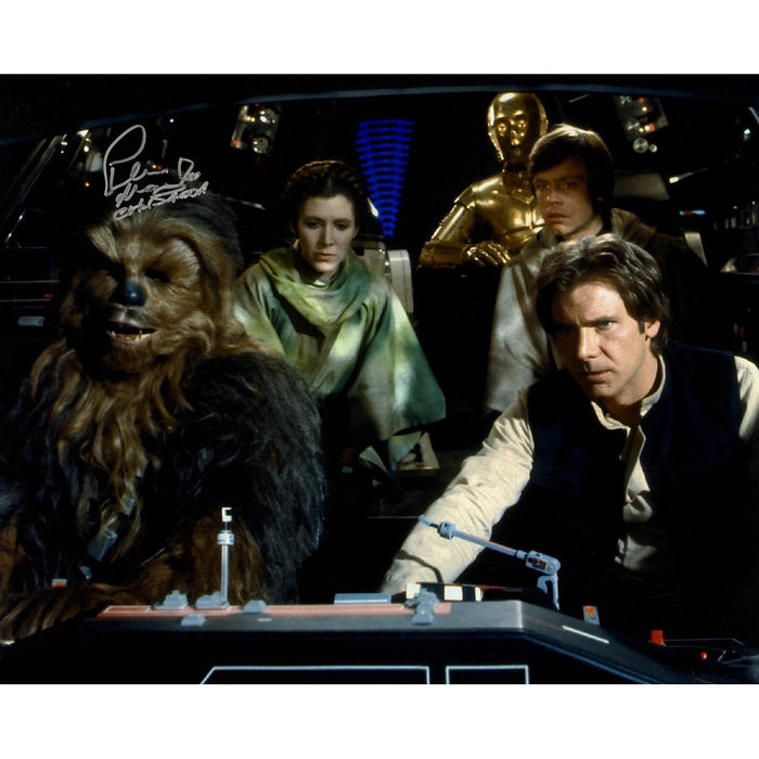 Peter Mayhew Signed 'Chewbacca  Princess Leia  C3PO  Luke and Han Solo in Shuttle Tydirium' 16x20 Photo