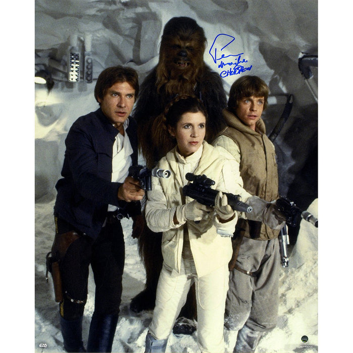 Peter Mayhew Signed Han Solo  Chewbacca  Princess Leia Organa and Luke Skywalker in Star Wars: The Empire Strikes Back 16x20 Photo