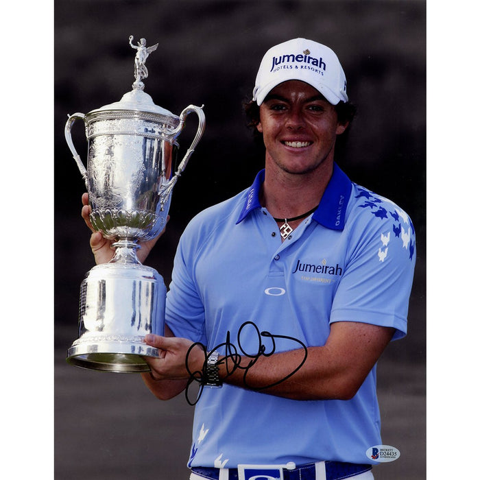 Rory McIlroy Signed Vertical Blue Shirt Holding Trophy 11x14 Photo Beckett