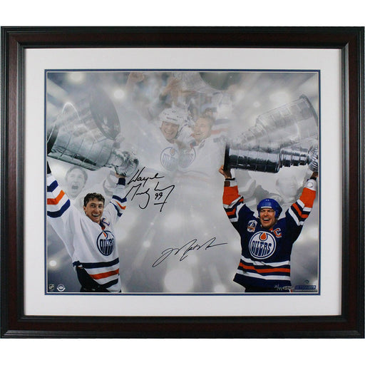 Wayne Gretzky/Mark Messier Dual Signed and Framed Stanley Cup 16x24 Photo LE/99 (UDA) (Thick cherry frame w/ white over blue frame)