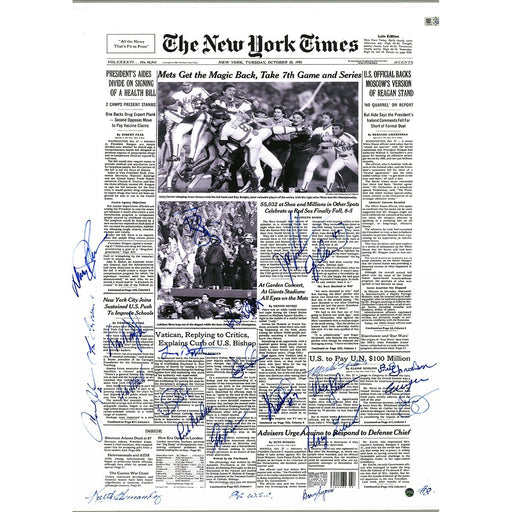 1986 New York Mets Team Signed New York Times Reprint October 28 1986 Mets Win World Series w/ "86 WSC" Insc