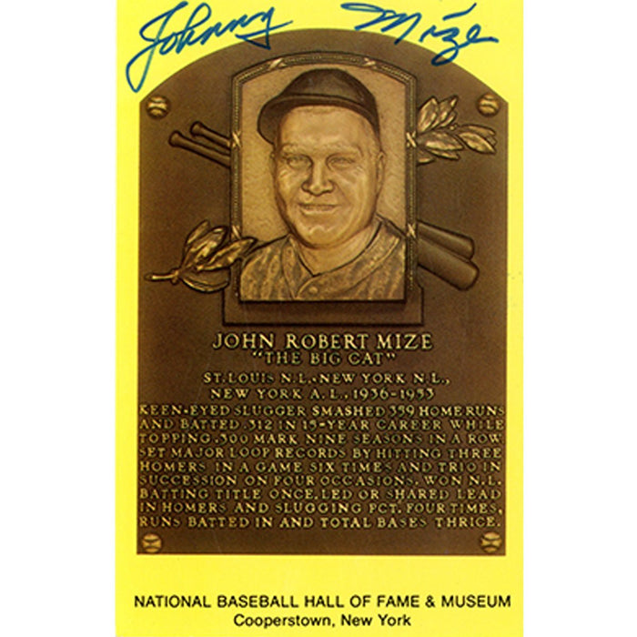 Johnny Mize Signed Hall of Fame Plaque Card (JSA Auth)