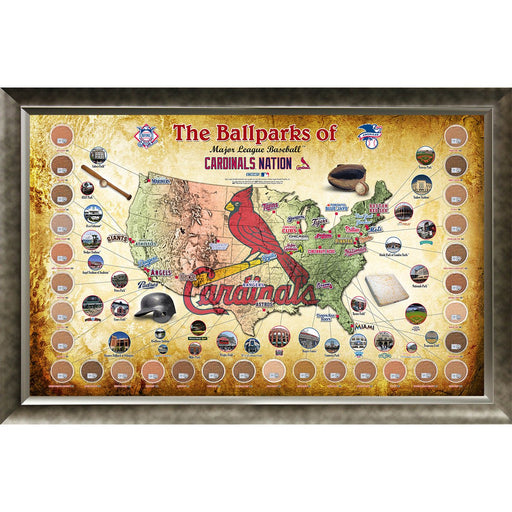 Major League Baseball Parks "Map" 20x32 Framed Collage w/ Game Used Dirt From 30 Parks - Cardinals Version