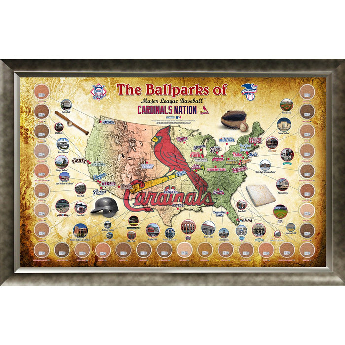 Major League Baseball Parks "Map" 20x32 Framed Collage w/ Game Used Dirt From 30 Parks - Cardinals Version