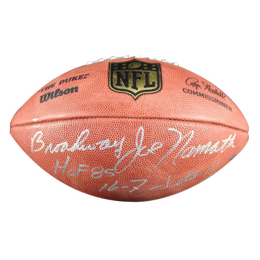 Joe Namath Signed Football w/ "Broadway  HOF 85  16-7 Jets " Inscriptions