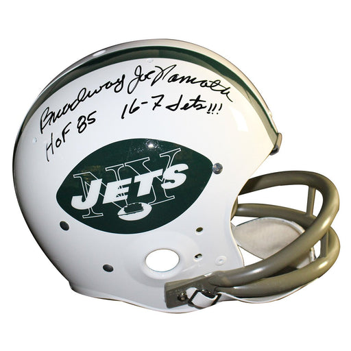 Joe Namath Signed Jets Replica Throwback 65-77 Helmet w/ "Broadway  HOF 85  16-7 Jets" Inscriptions