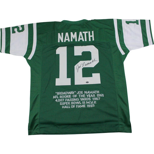 Joe Namath Signed Green New York Jets Jersey w/ Stats Embroidered (Joe Namath Hologram)