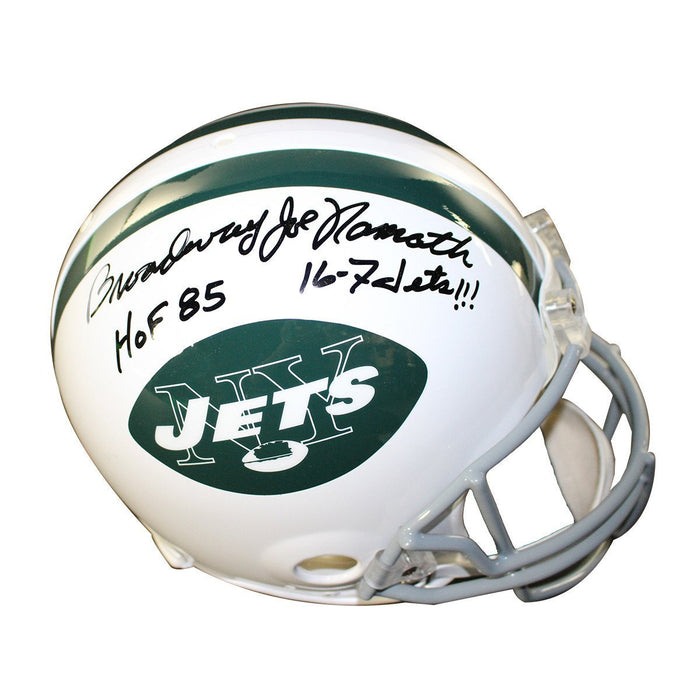 Joe Namath Signed Jets Authentic Throwback 65-77 Helmet w/ Broadway HOF 85 16-7 Jets Inscriptions