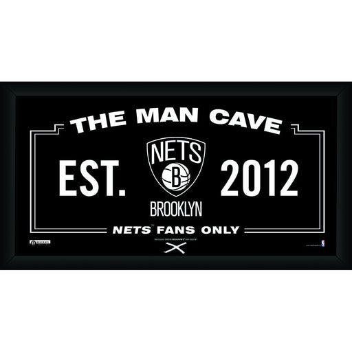 Brooklyn Nets Man Cave Sign 10x20 Framed Photo w/ Game used Net