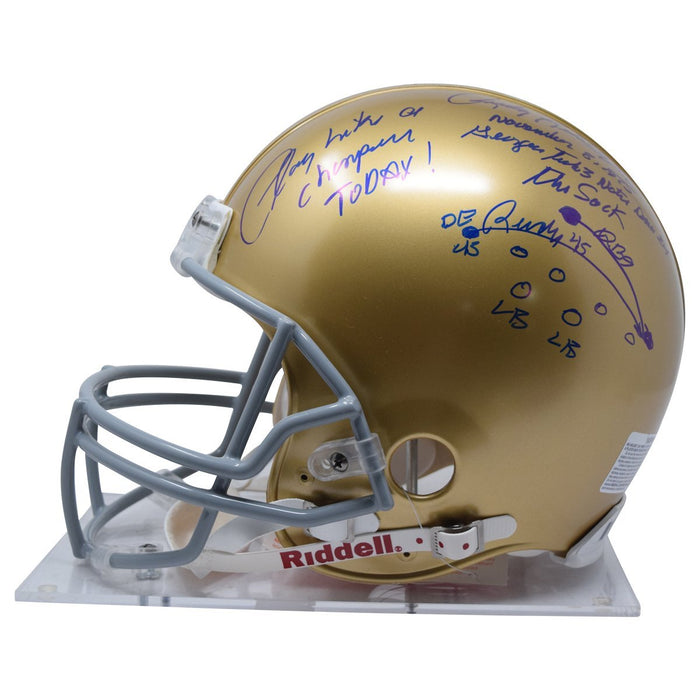 Lou Holtz/Rudy Ruettiger Dual Signed Notre Dame Authentic Helmet w/ Motivation Quote By Holtz and Drawn Play By Ruettiger