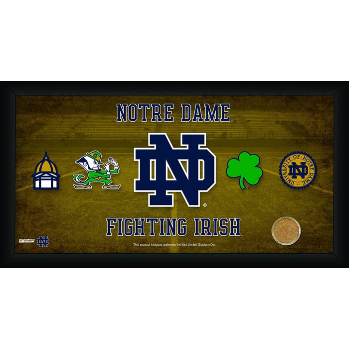 Notre Dame 10x20 Framed Sign with Game Used Football Dirt and all 4 Logos