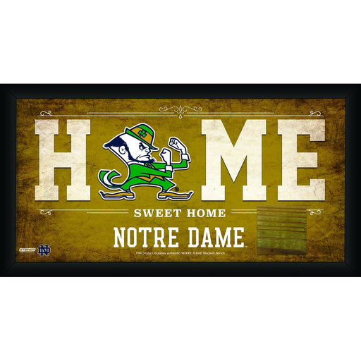 Notre Dame Fighting Irish Logo 10x20 Framed Home Sweet Home Sign with Game Used Bench