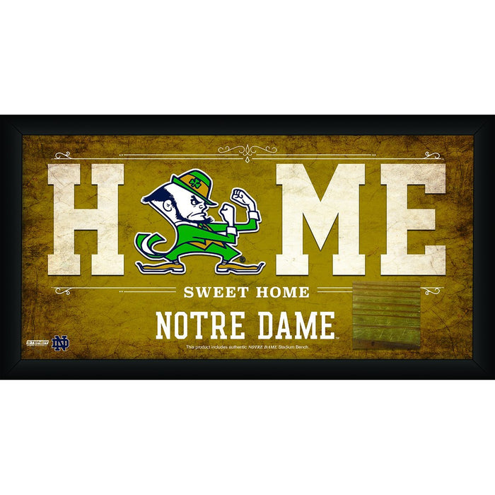 Notre Dame Fighting Irish Logo 10x20 Framed Home Sweet Home Sign with Game Used Bench