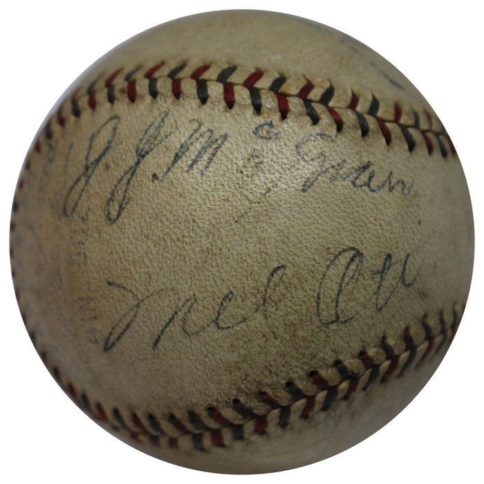 Mel Ott & John J. McGraw Autographed c.1930s Red & Blue Stitched Reach W.Harridge OAL Baseball (JSA)