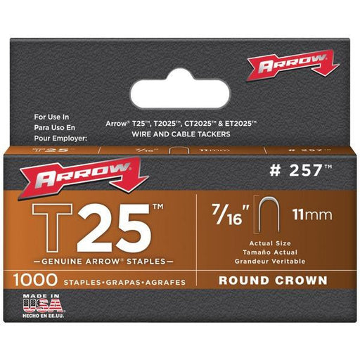 Arrow Fastener 257 T25 Round Crown Staples, 7-16"; 1,000 Pk