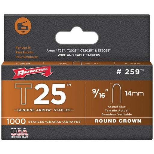 Arrow Fastener 259 T25 Round Crown Staples, 9-16"; 1,000 Pk