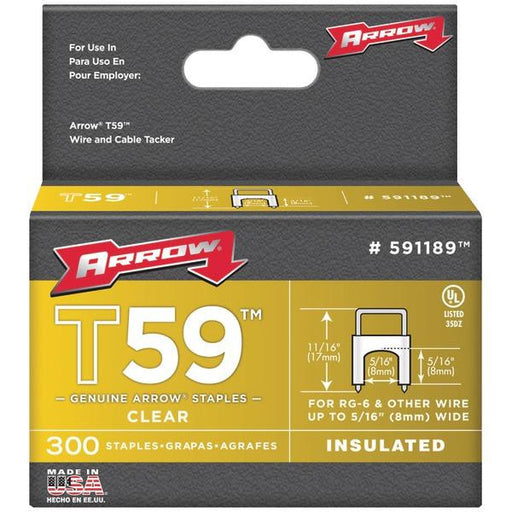 Arrow Fastener 591189 Clear T59 Insulated Staples For Rg59 Quad & Rg6, 5-16" X 5-16", 300 Pk