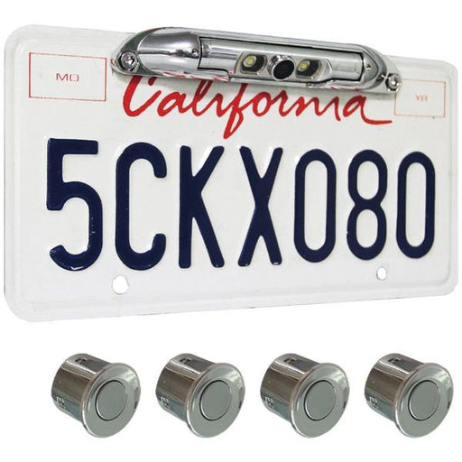 Boyo Vtl400clp-cr Bar-type License Plate Camera With Led Lights & 4 Rear Parking Sensors (silver)