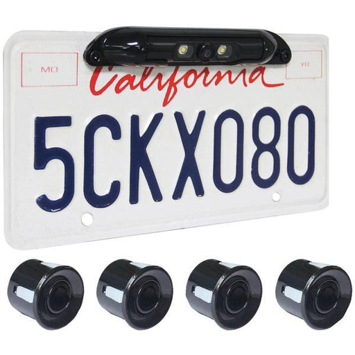 Boyo Vtl420clp-bl Bar-type License Plate Camera With Led Lights & 4 Rear Parking Sensors (black)